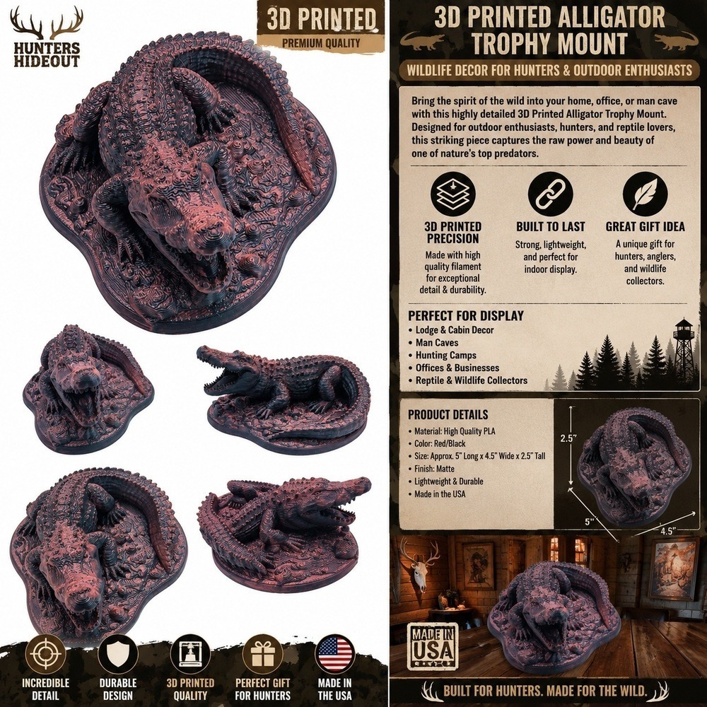 Hunters Hideout 3D Printed Alligator Trophy Mount Red Black Wildlife Decor 5in